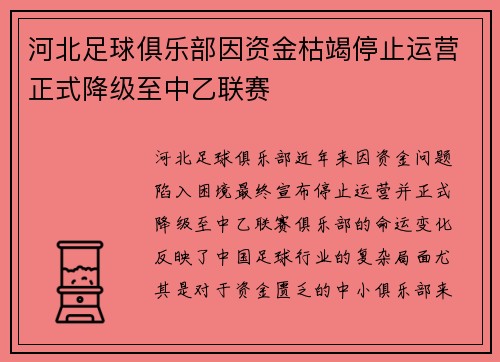 河北足球俱乐部因资金枯竭停止运营正式降级至中乙联赛
