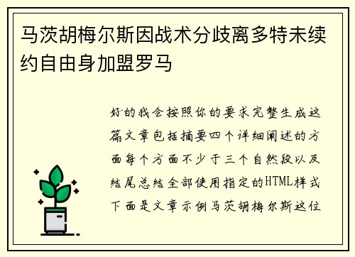 马茨胡梅尔斯因战术分歧离多特未续约自由身加盟罗马